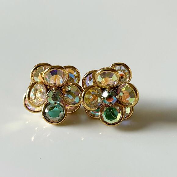 Vintage Austrian Crystal Floral Cluster Earrings Gold Tone Aurora Borealis - Picture 4 of 10